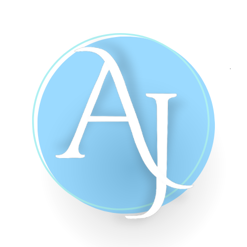 logo de mamparas AJ. Es un círculo celeste con una tipografía blanca.